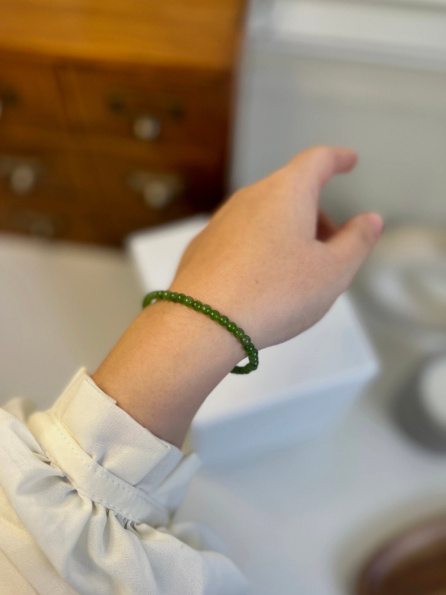 Small Jade Beaded Bracelets with 14K Gold Filled Chain, Genuine Nephrite Bracelet, Tiny Jade Beads Bracelet, Apple Green Natural Hetian Jade 1