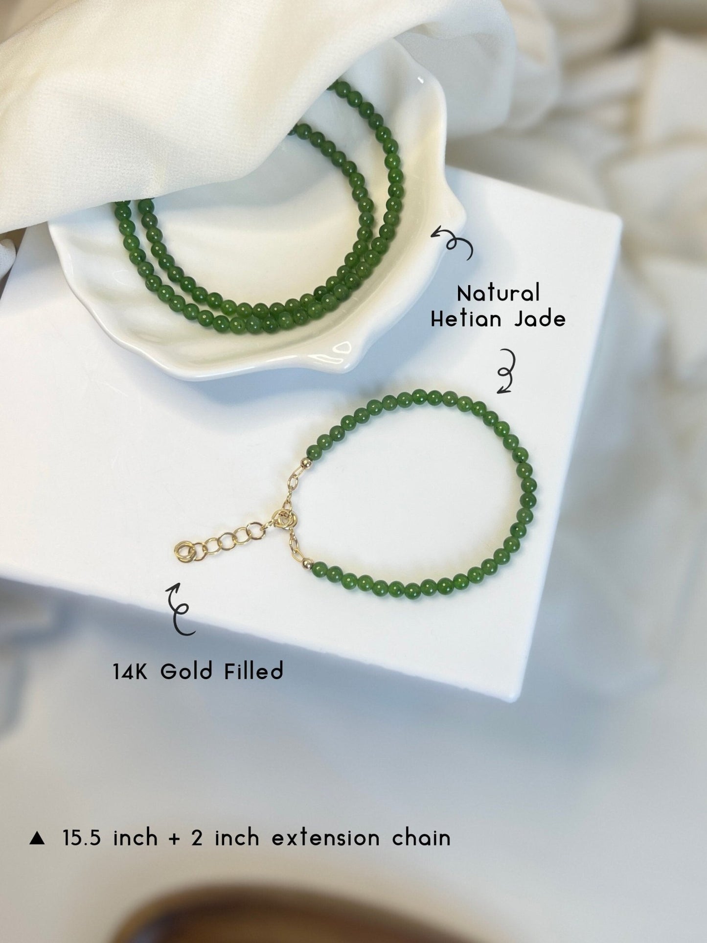 Small Jade Beaded Bracelets with 14K Gold Filled Chain, Genuine Nephrite Bracelet, Tiny Jade Beads Bracelet, Apple Green Natural Hetian Jade 1