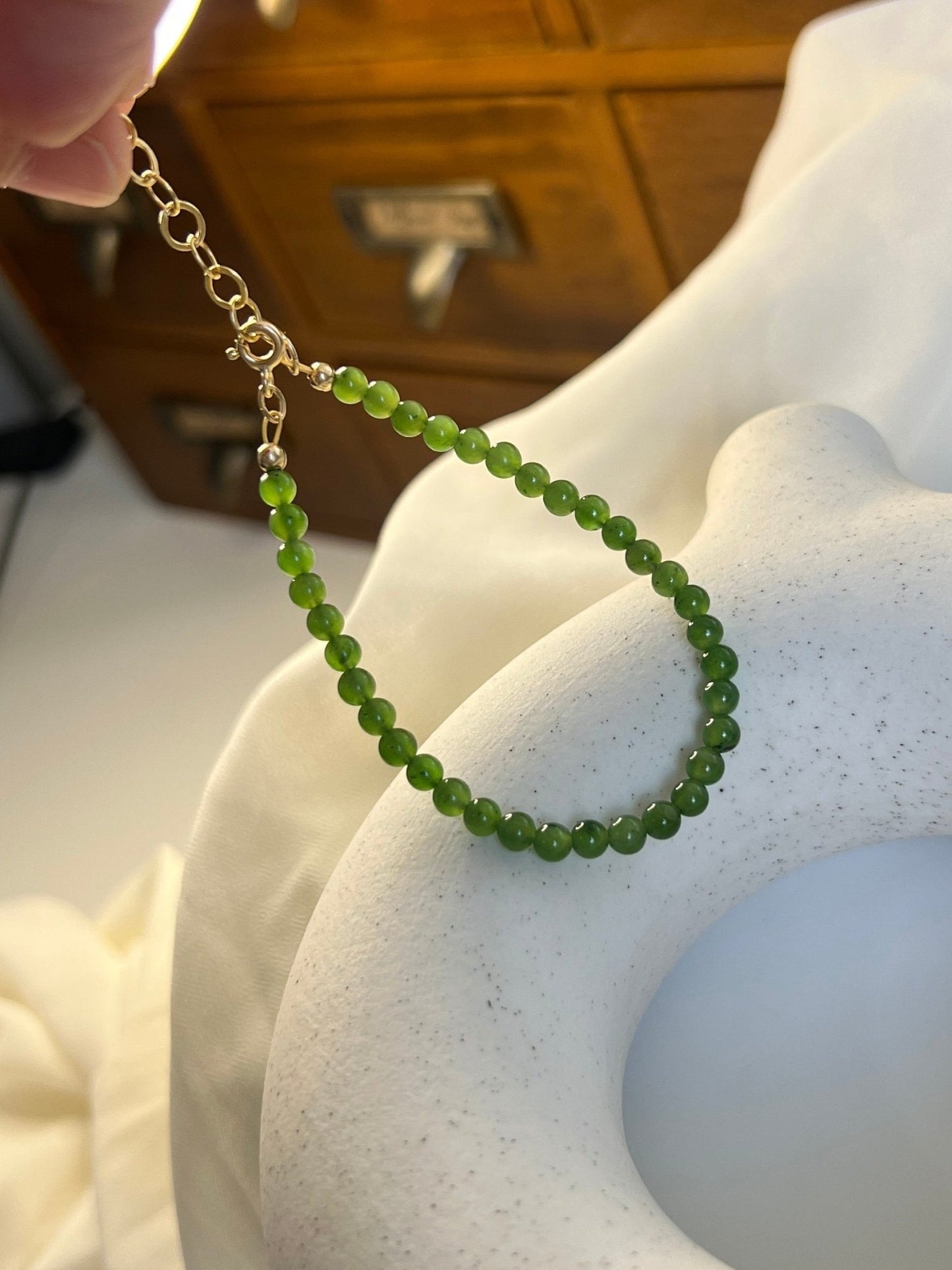 Small Jade Beaded Bracelets with 14K Gold Filled Chain, Genuine Nephrite Bracelet, Tiny Jade Beads Bracelet, Apple Green Natural Hetian Jade