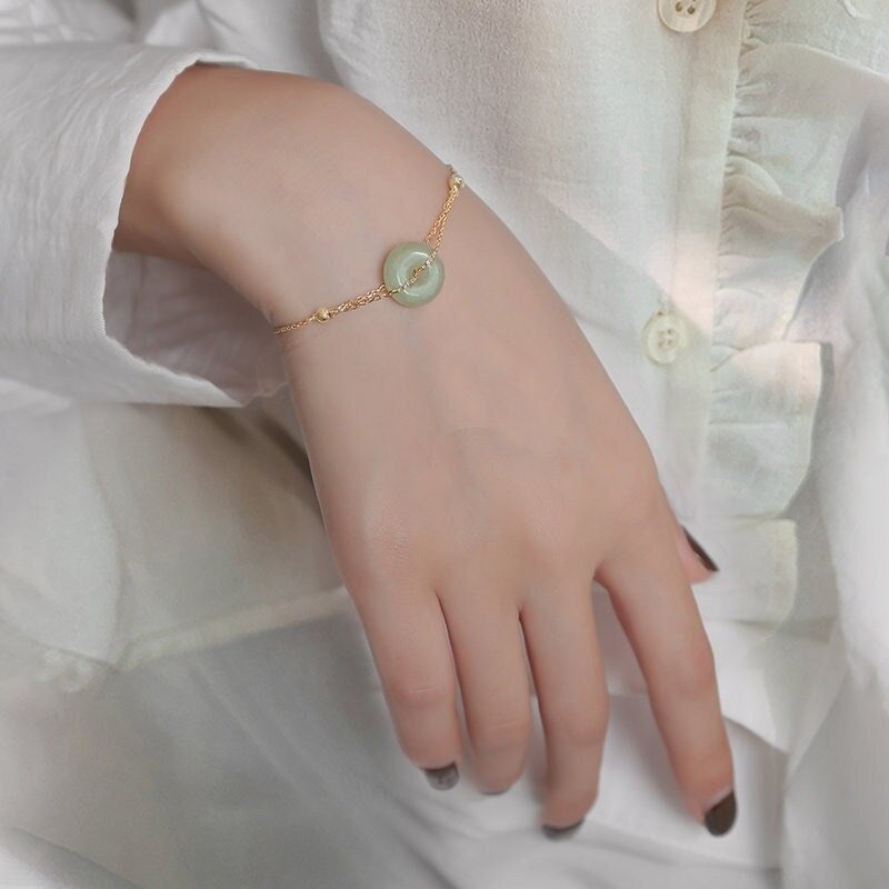 Natural Hetian Jade Bracelet, Donut Jade Bracelet, Green Gemstone Charm Bracelet, Lucky Donut Nephrite Bracelet, Gold Green Pendant Bracelet