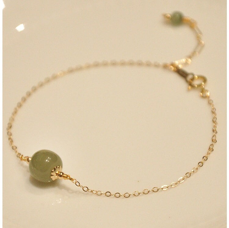 Natural Hetian Jade Bracelet, Minimalist Style Lucky Nephrite Pendant Bangle, 9*10mm Single Jade Bead Bracelet with a 6mm Small Charm