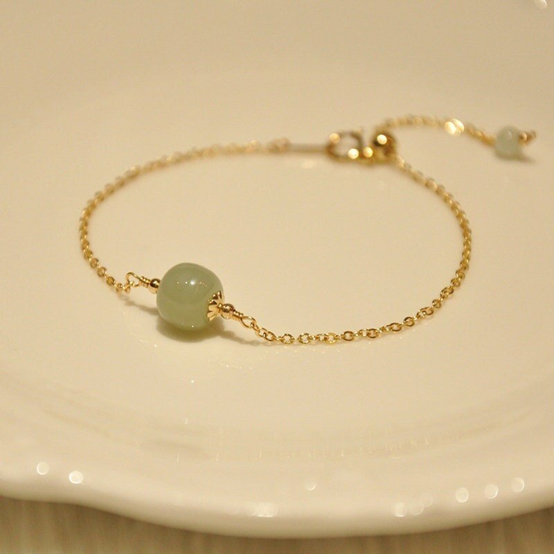 Natural Hetian Jade Bracelet, Minimalist Style Lucky Nephrite Pendant Bangle, 9*10mm Single Jade Bead Bracelet with a 6mm Small Charm