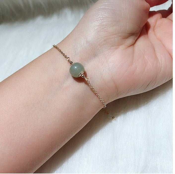 Natural Hetian Jade Bracelet, Minimalist Style Lucky Nephrite Pendant Bangle, 9*10mm Single Jade Bead Bracelet with a 6mm Small Charm