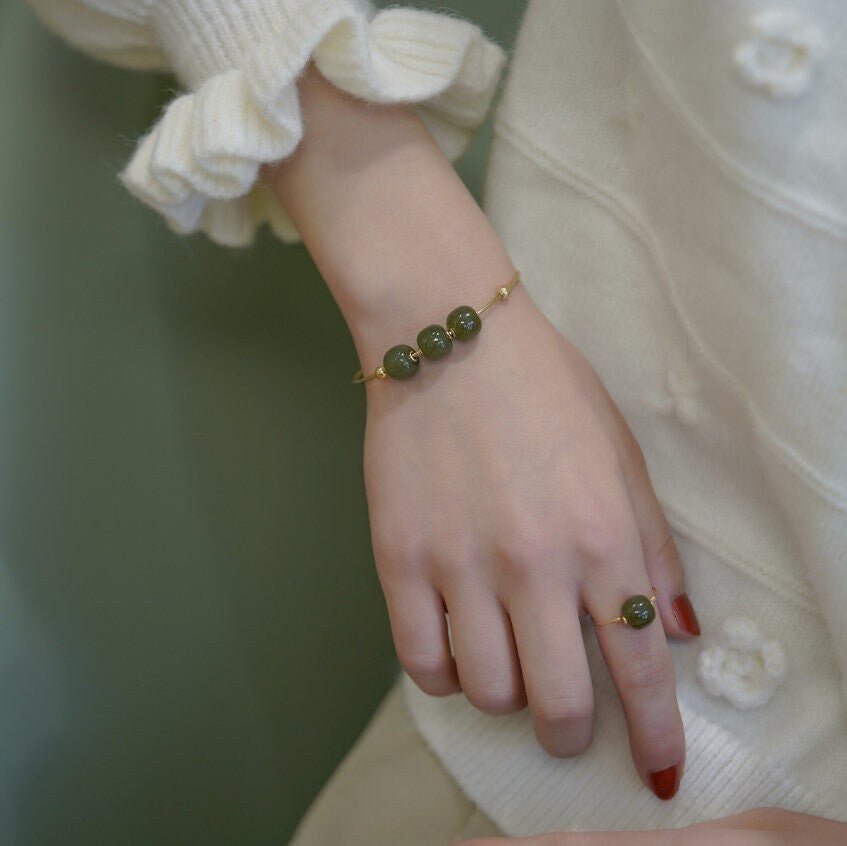 Simple Natural Hetian Jade Bracelets light or dark green beads, minimalist 14k Gold Plated Bangle nephrite gift for wife girlfriend daughter