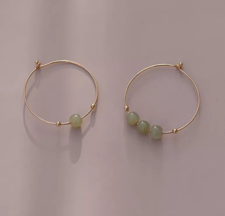 Simple Natural Hetian Jade Bracelets light or dark green beads, minimalist 14k Gold Plated Bangle nephrite gift for wife girlfriend daughter