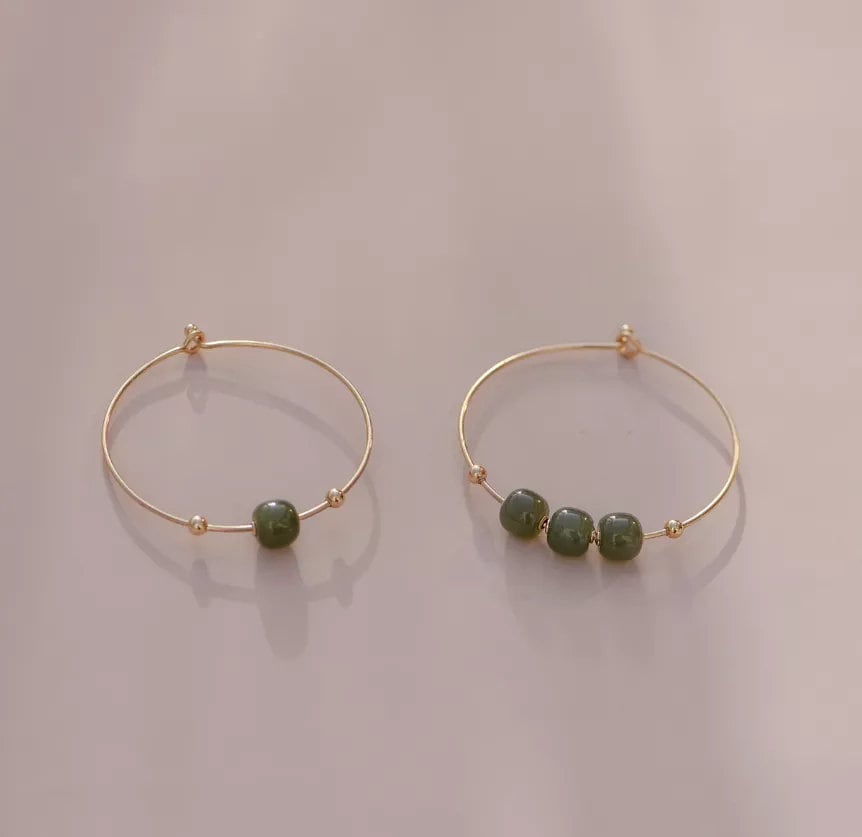 Simple Natural Hetian Jade Bracelets light or dark green beads, minimalist 14k Gold Plated Bangle nephrite gift for wife girlfriend daughter