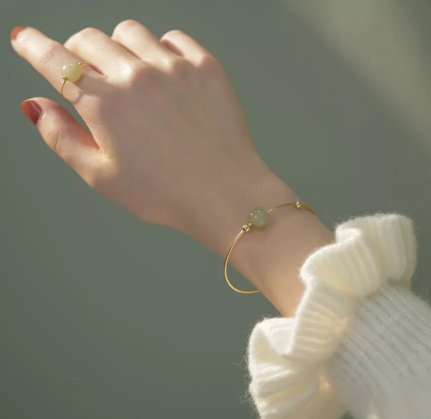 Simple Natural Hetian Jade Bracelets light or dark green beads, minimalist 14k Gold Plated Bangle nephrite gift for wife girlfriend daughter