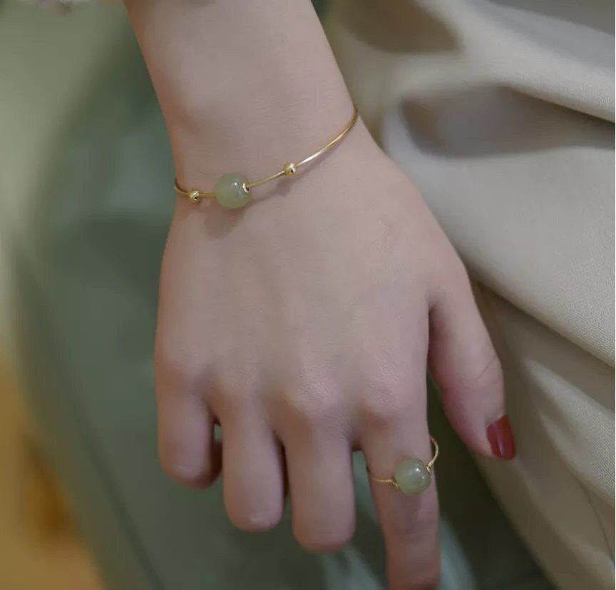 Simple Natural Hetian Jade Bracelets light or dark green beads, minimalist 14k Gold Plated Bangle nephrite gift for wife girlfriend daughter