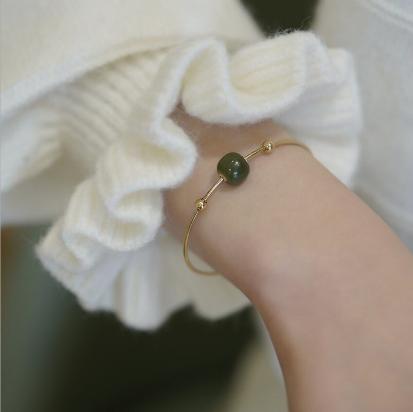 Simple Natural Hetian Jade Bracelets light or dark green beads, minimalist 14k Gold Plated Bangle nephrite gift for wife girlfriend daughter