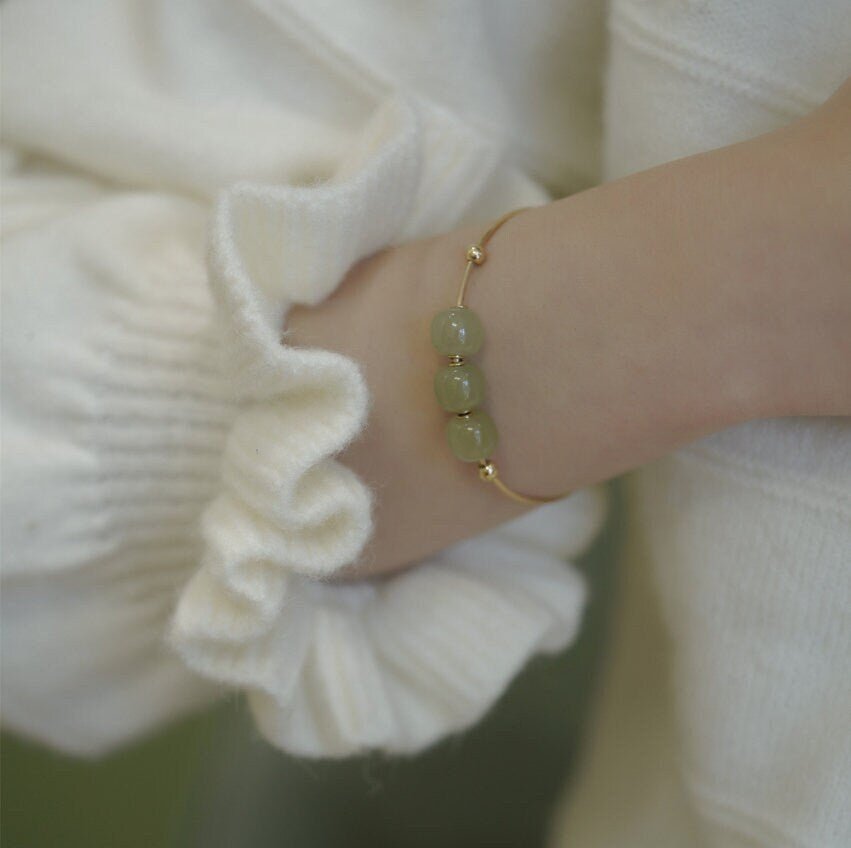 Simple Natural Hetian Jade Bracelets light or dark green beads, minimalist 14k Gold Plated Bangle nephrite gift for wife girlfriend daughter