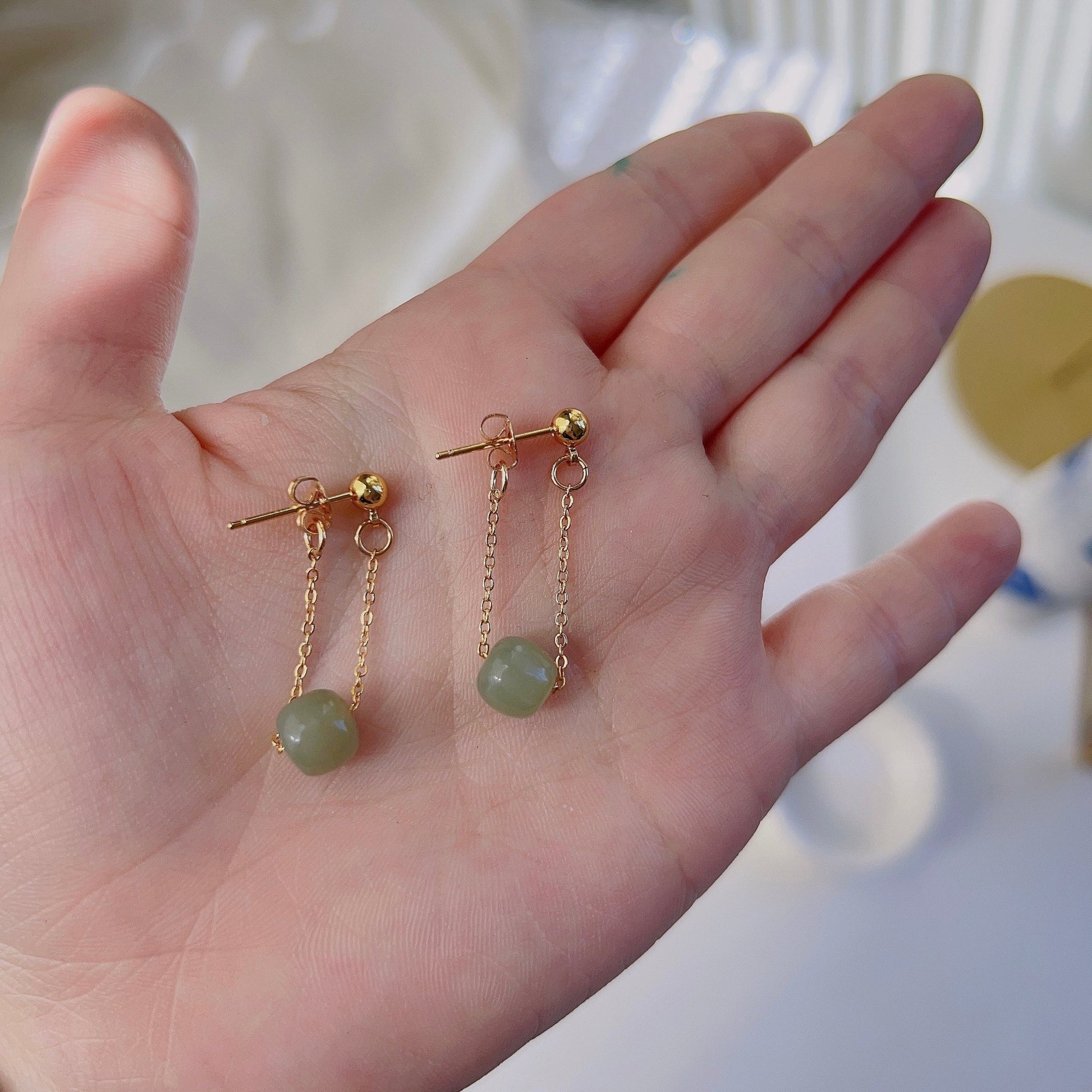 Natural Hetian Jade Drop Earrings, Light Green Jade Earring, Gold Jade Earring, Silver Jade Earring, Tassel Bead Earring, Jade Jewelry