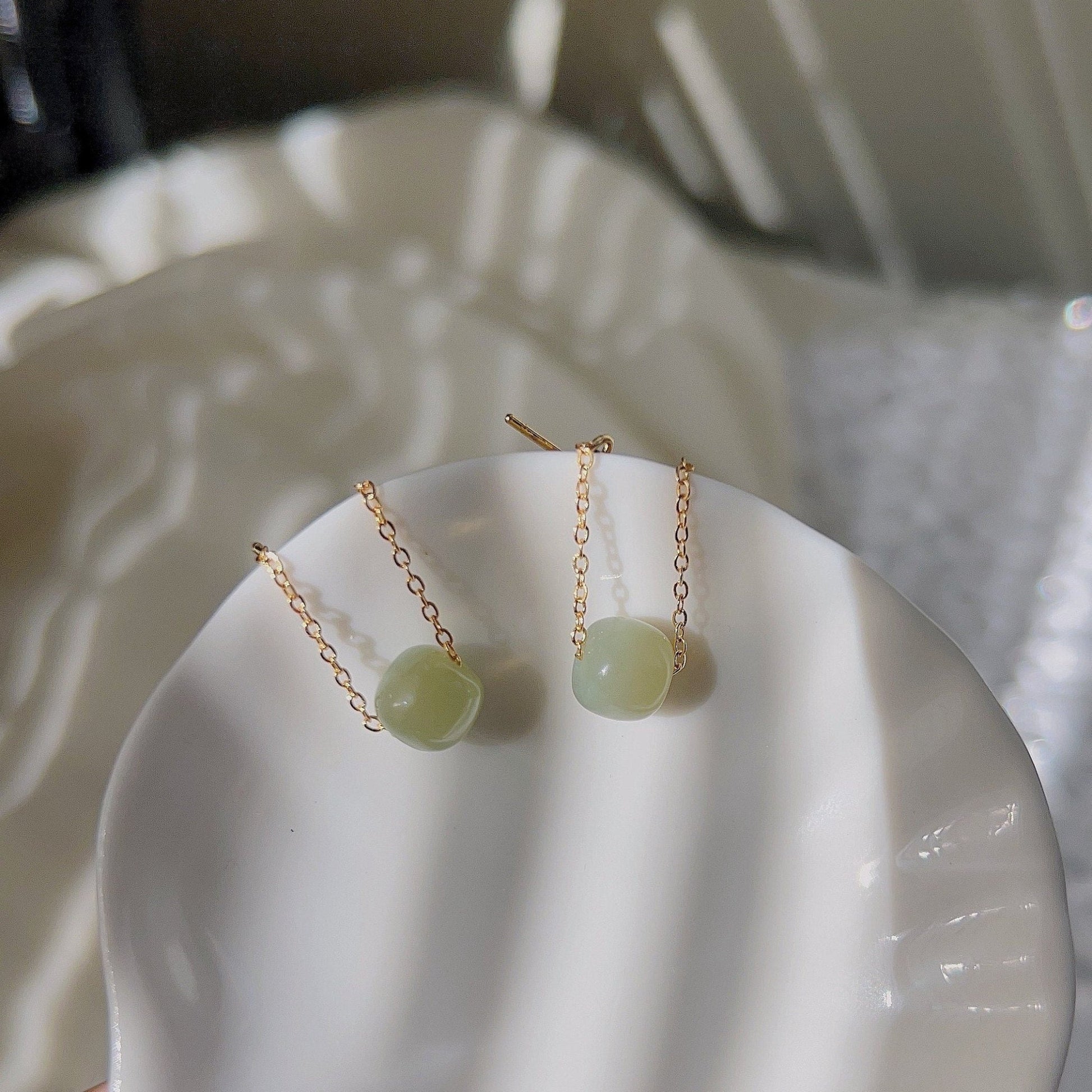 Natural Hetian Jade Drop Earrings, Light Green Jade Earring, Gold Jade Earring, Silver Jade Earring, Tassel Bead Earring, Jade Jewelry