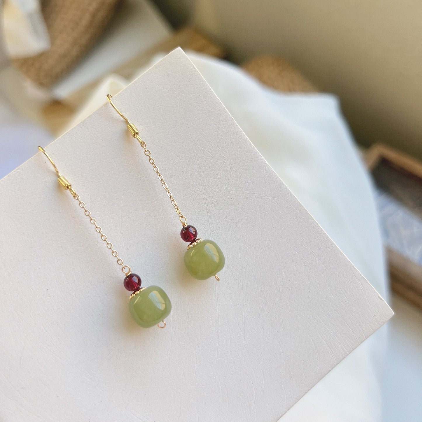 Natural Hetian Jade Earring, Jade Long Drop Earrings, Jade Gold Earrings, Minimalist Nephrite Earring, Long Drop Jade Earrings, Green Jade