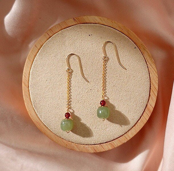 Natural Hetian Jade Earring, Jade Long Drop Earrings, Jade Gold Earrings, Minimalist Nephrite Earring, Long Drop Jade Earrings, Green Jade