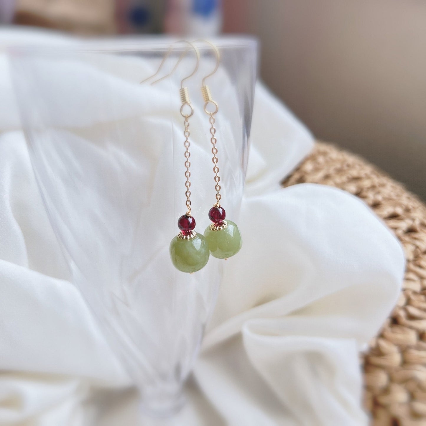 Natural Hetian Jade Earring, Jade Long Drop Earrings, Jade Gold Earrings, Minimalist Nephrite Earring, Long Drop Jade Earrings, Green Jade