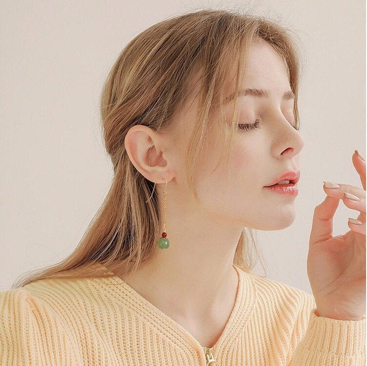Natural Hetian Jade Earring, Long Drop Earrings, Jade Gold Earrings, Minimalist Nephrite Earring, Long Drop Jade Earrings, Green Jade earrings