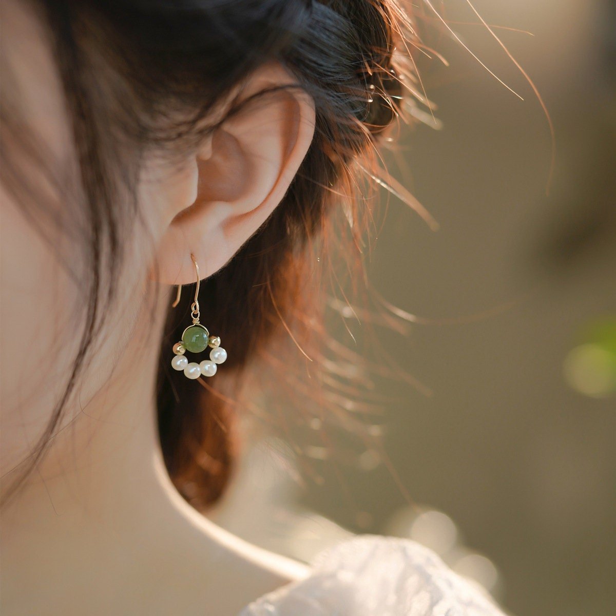 Natural Jade Earrings, Jade Pearl Earrings, Nephrite Earrings with pearls, Dainty Earring, Freshwater Pearl Earrings, Natural Pearl Earrings