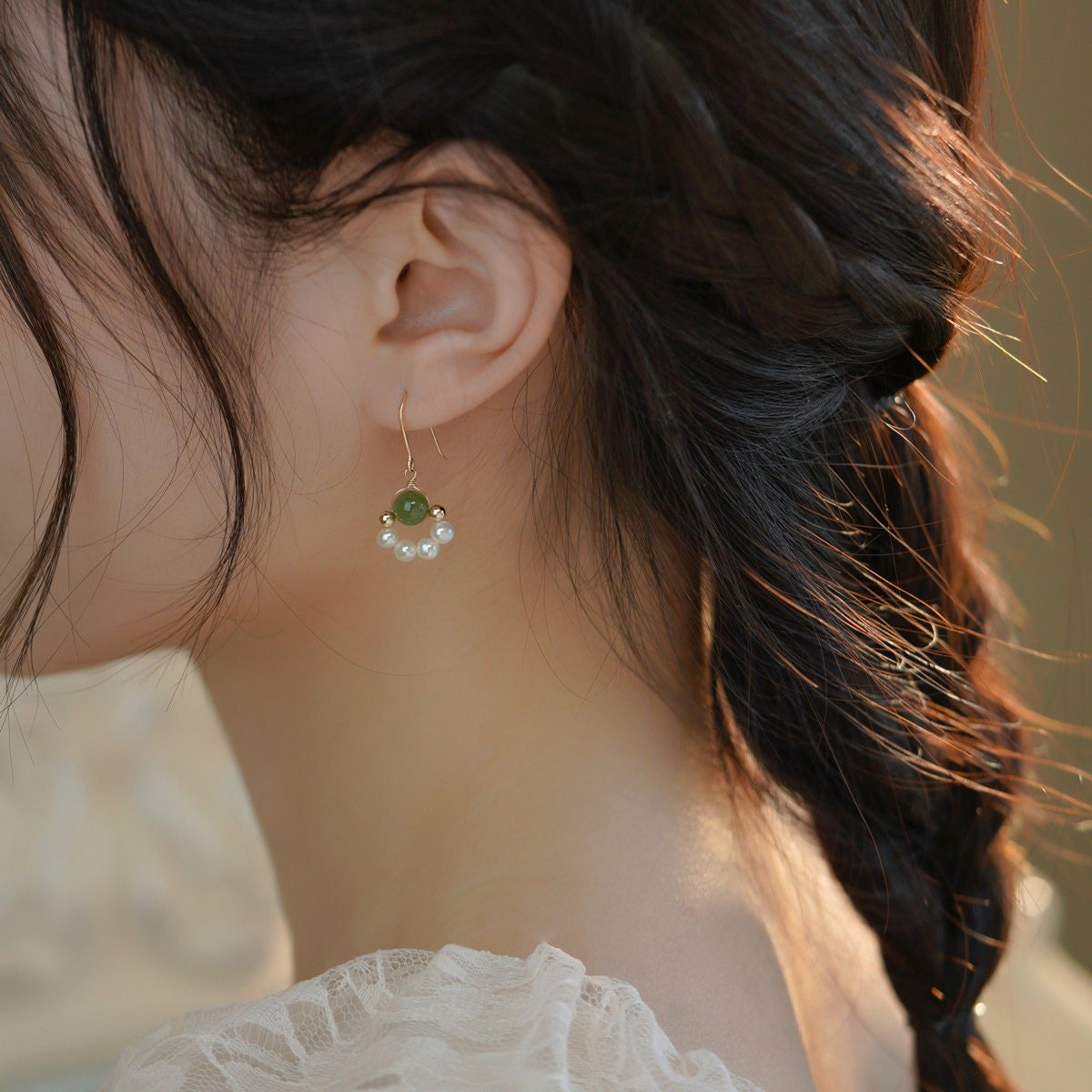 Natural Jade Earrings, Jade Pearl Earrings, Nephrite Earrings with pearls, Dainty Earring, Freshwater Pearl Earrings, Natural Pearl Earrings