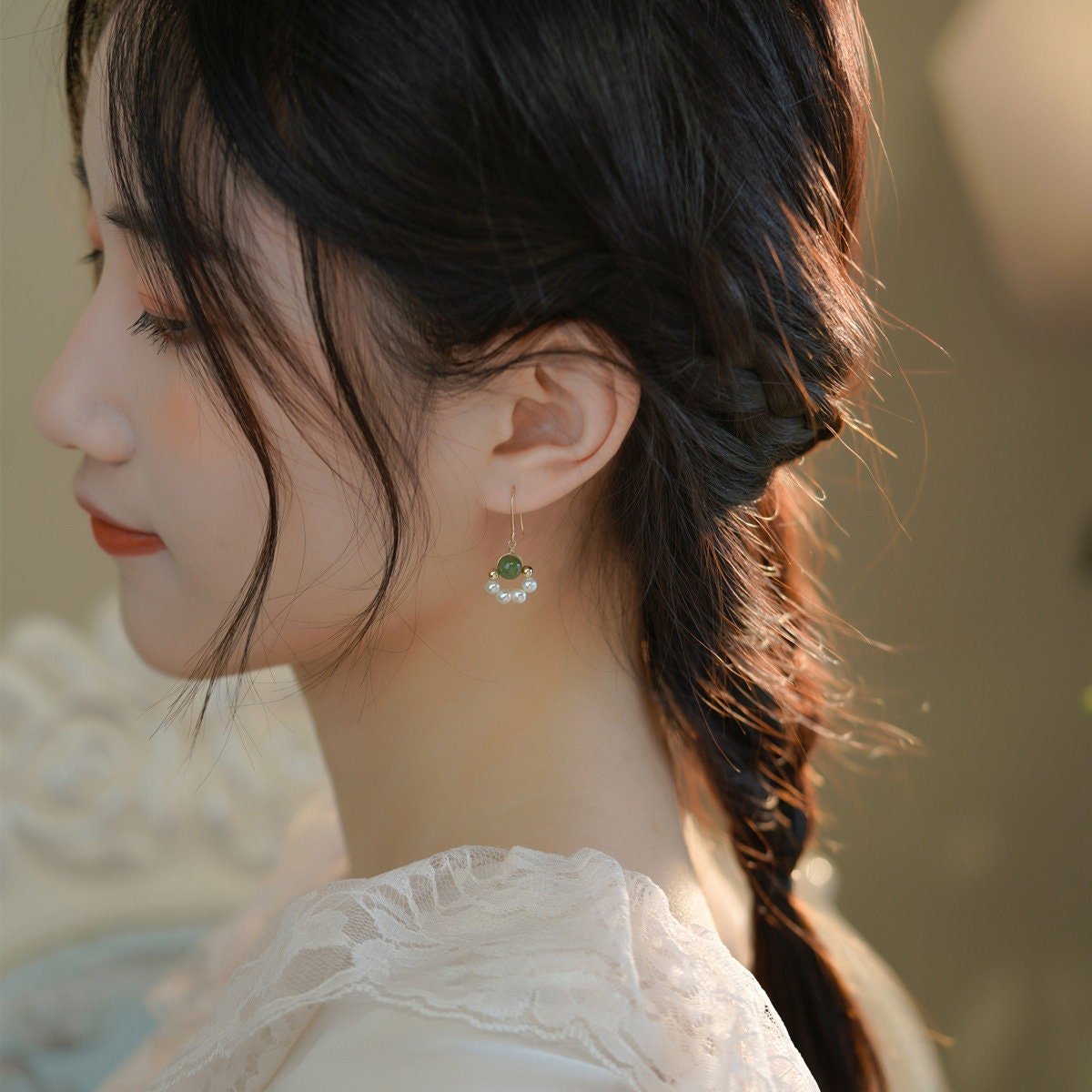 Natural Jade Earrings, Jade Pearl Earrings, Nephrite Earrings with pearls, Dainty Earring, Freshwater Pearl Earrings, Natural Pearl Earrings