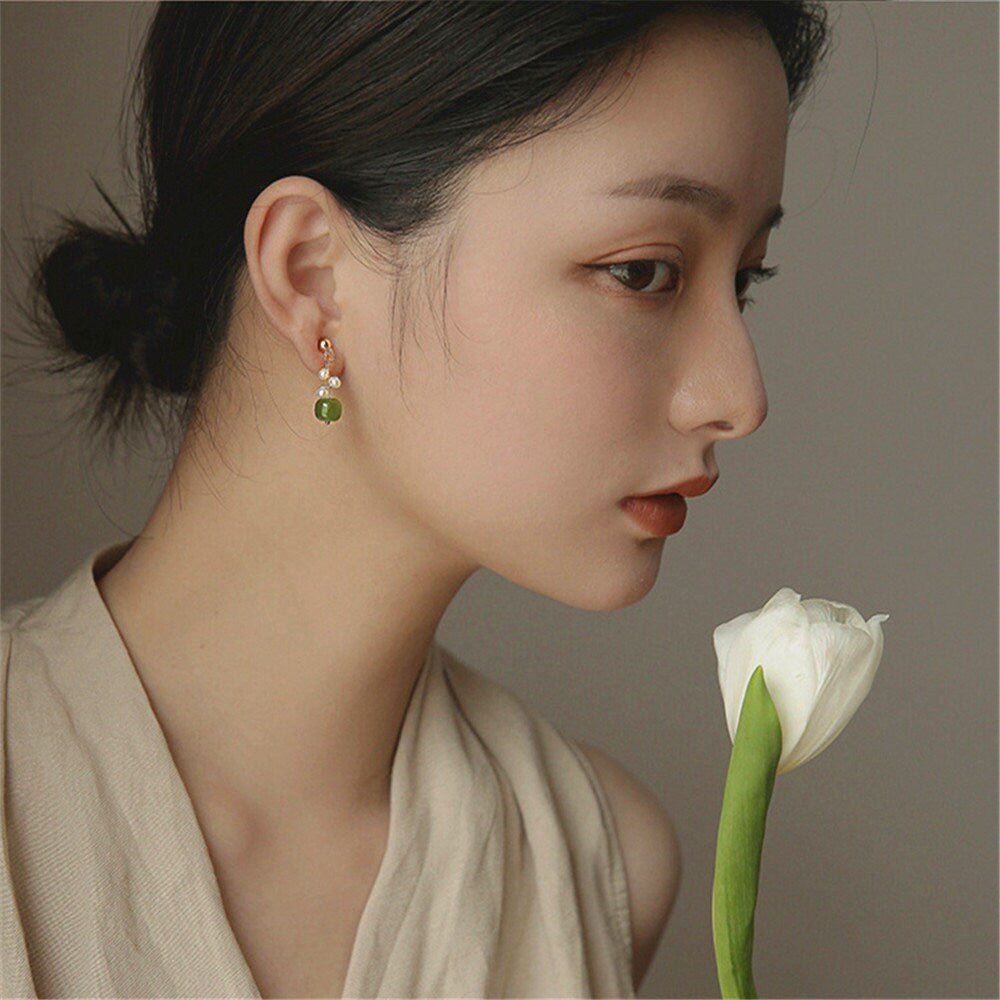 Natural Jade Earrings, Jade Pearl Earrings, Light Dark Green Nephrite Earrings with Clips-on or Pierced Option, Hetian Jade Bead Earring