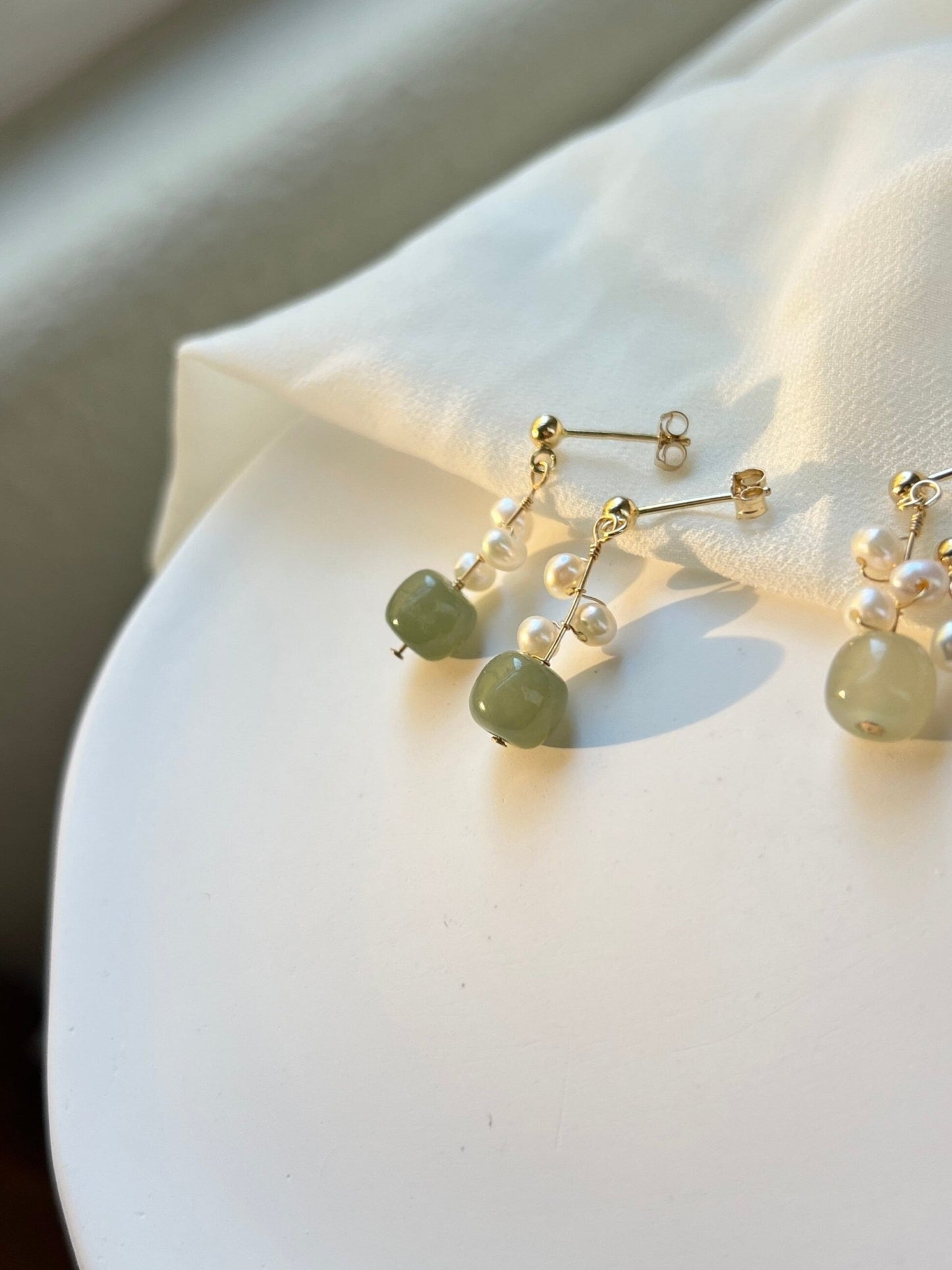 Natural Jade Earrings, Jade Pearl Earrings, Light Dark Green Nephrite Earrings with Clips-on or Pierced Option, Hetian Jade Bead Earring