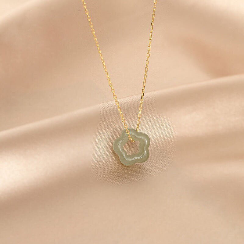 Flower Jade Necklace, Light Green Jade Necklace, Natural Hetian Jade Necklace, Sterling Silver Necklace, Khotan Jade Hollow Flower Pendant