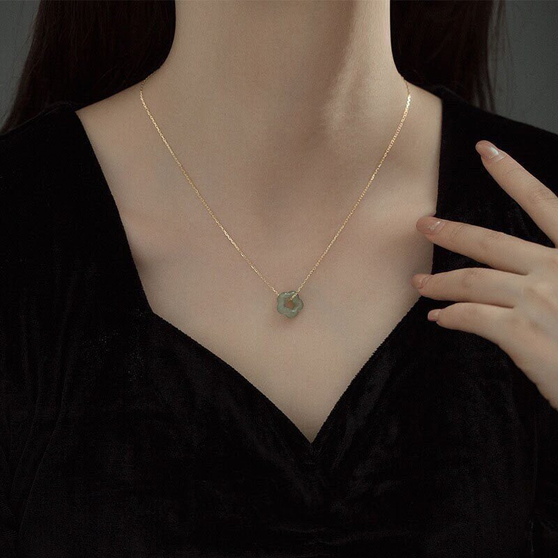 Flower Jade Necklace, Natural Hetian Jade Necklace, Sterling Silver Nephrite Choker, Vintage Khotan Jade Hollow Flower Pendant, Green Jade