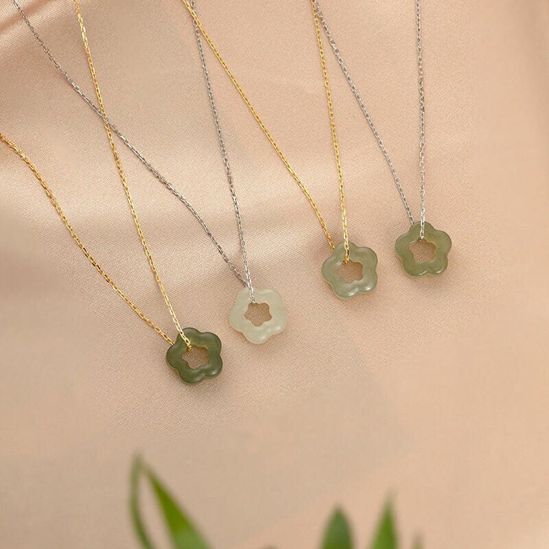 Flower Jade Necklace, Natural Hetian Jade Necklace, Sterling Silver Nephrite Choker, Vintage Khotan Jade Hollow Flower Pendant, Green Jade