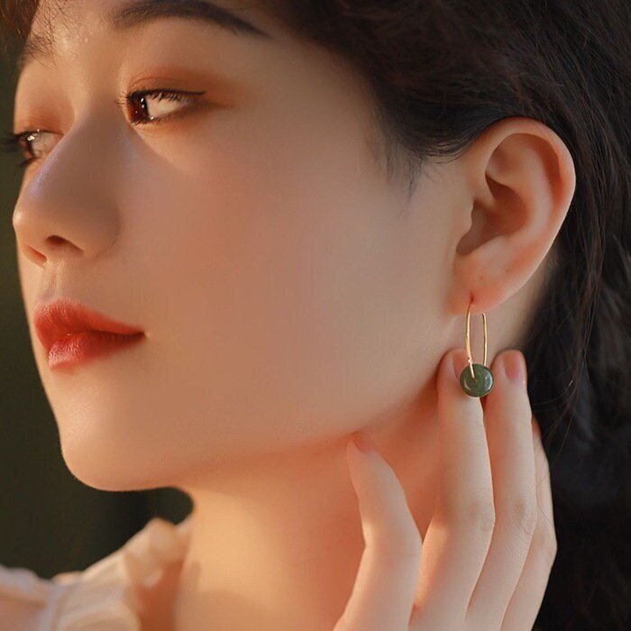 Natural Jade Earring, Gold Jade Earrings, Silver Jade Earrings, Nephrite Hood Earrings, Simple Light or Dark Green Hetian Jade Earrings