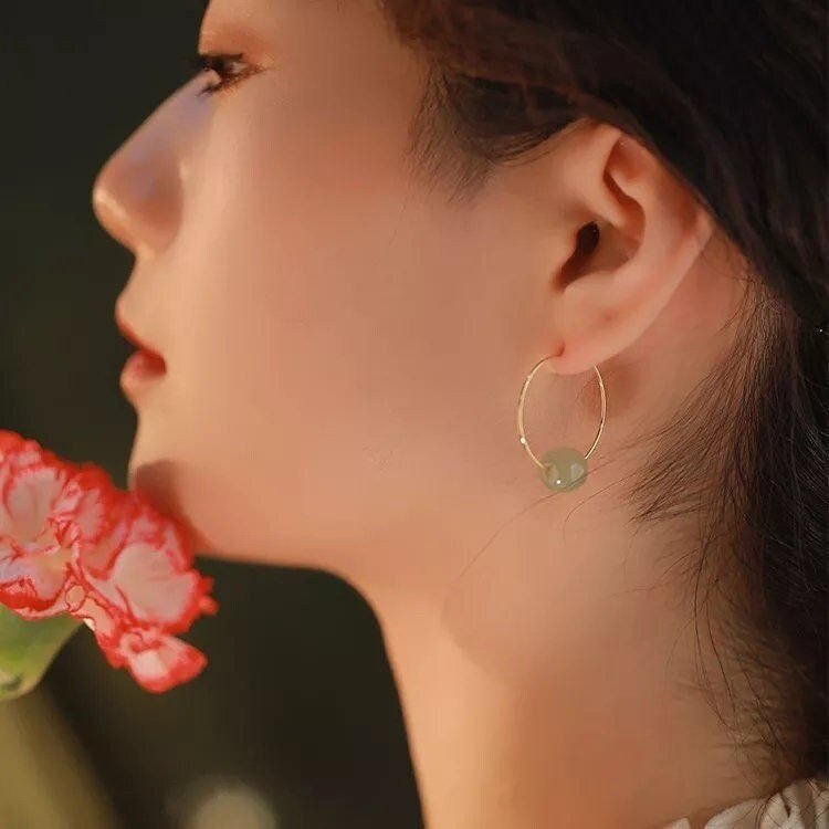 Natural Jade Earring, Gold Jade Earrings, Silver Jade Earrings, Nephrite Hood Earrings, Simple Light or Dark Green Hetian Jade Earrings