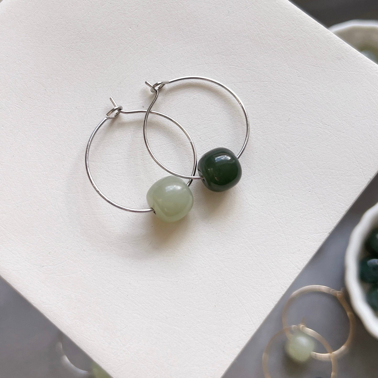 Natural Jade Earring, Gold Jade Earrings, Silver Jade Earrings, Nephrite Hood Earrings, Simple Light or Dark Green Hetian Jade Earrings