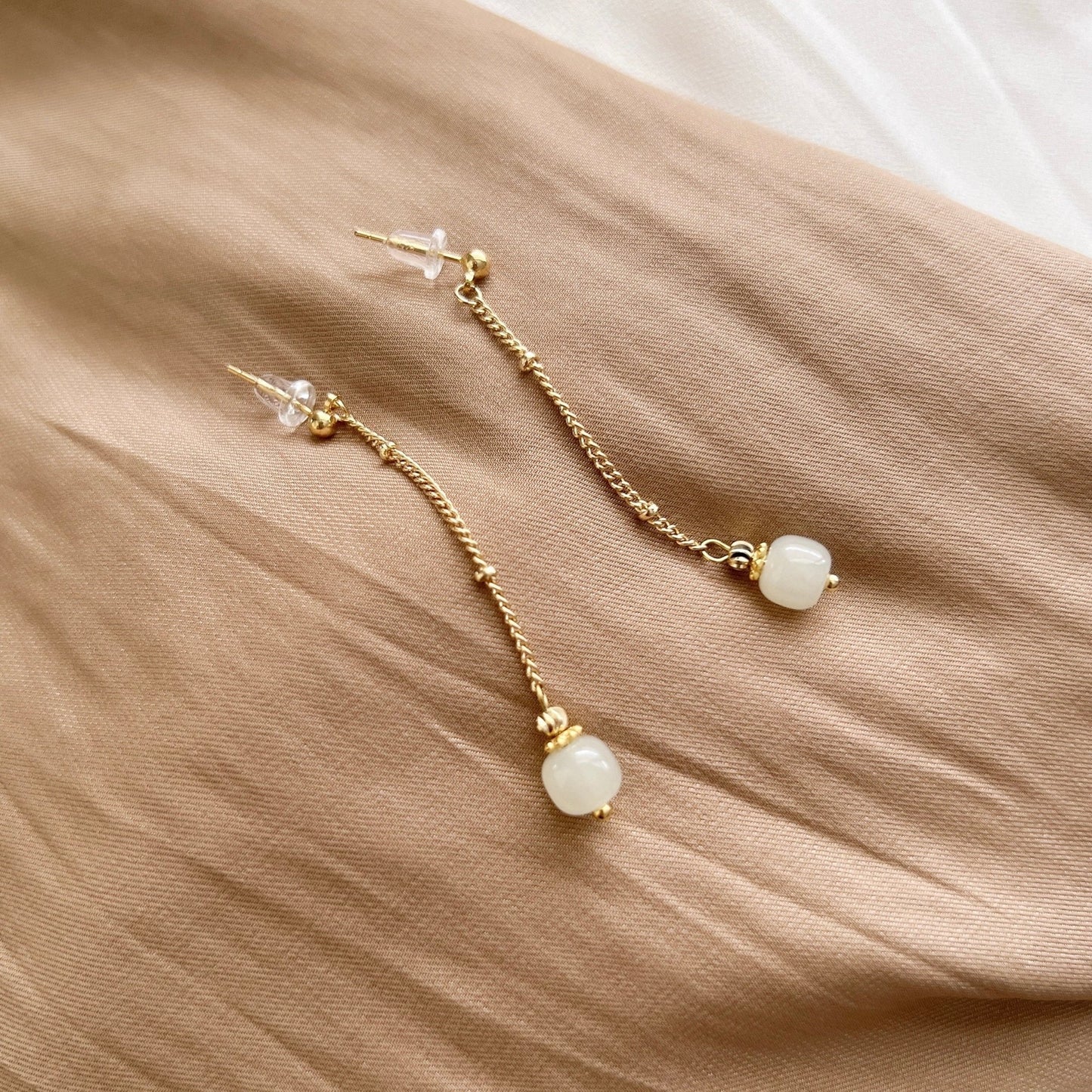 Long Drop Jade Earrings, White Hetian Jade Earring, Light Green Jade Earrings, Long Tassel Earring, Genuine Nephrite Earrings, Gold Jade