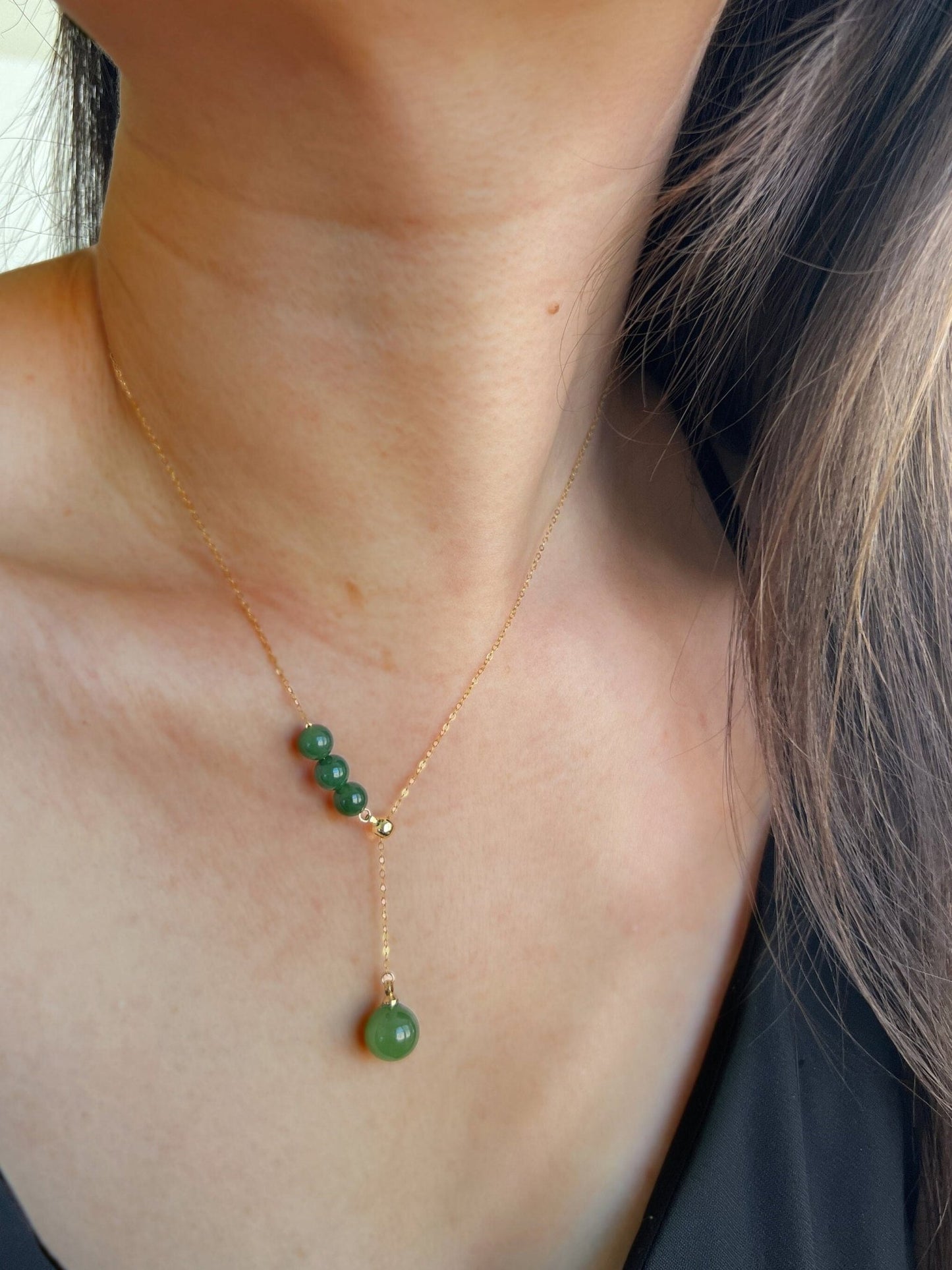 Natural Hetian Jade Necklace, Jade Bead Necklace, Dainty Necklace, Nephrite Necklace, Green Beads Necklace, Lariat Necklace, Y Necklace