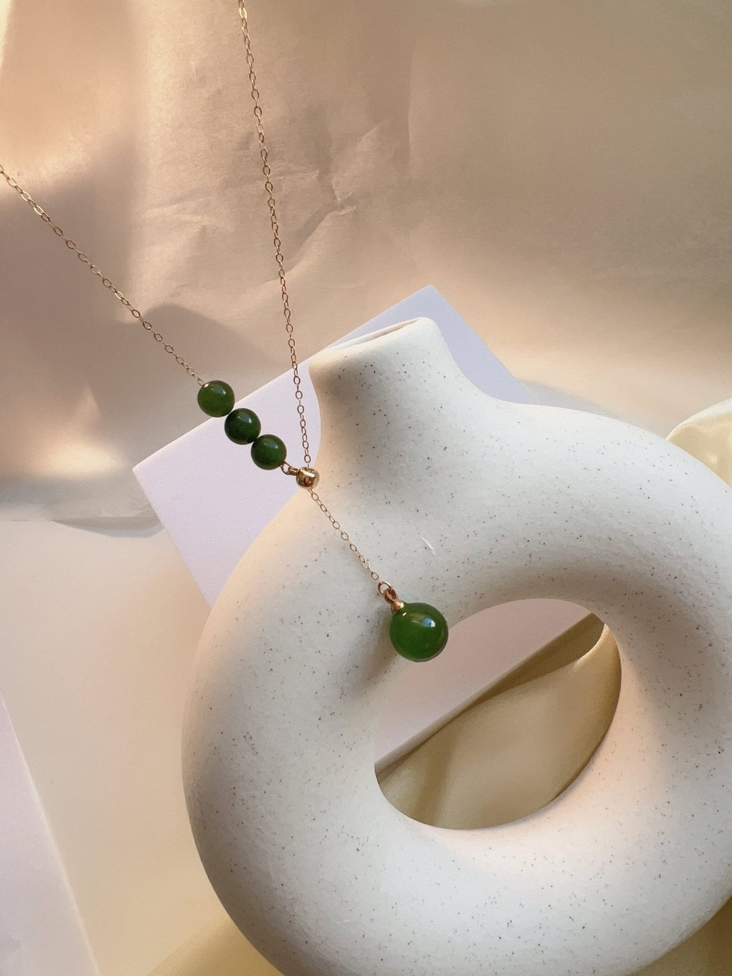 Natural Hetian Jade Necklace, Jade Bead Necklace, Dainty Necklace, Nephrite Necklace, Green Beads Necklace, Lariat Necklace, Y Necklace