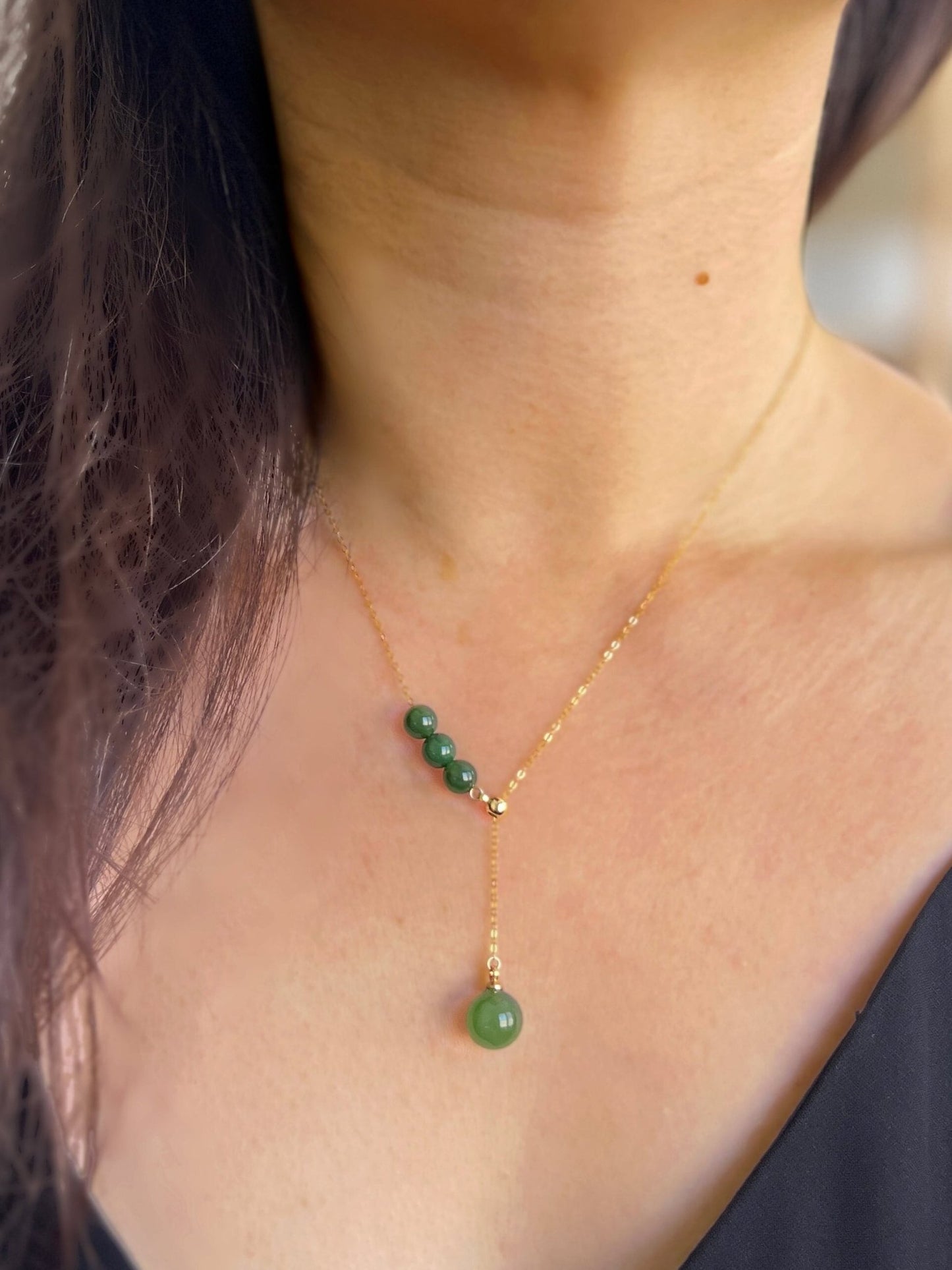 Natural Hetian Jade Necklace, Jade Bead Necklace, Dainty Necklace, Nephrite Necklace, Green Beads Necklace, Lariat Necklace, Y Necklace
