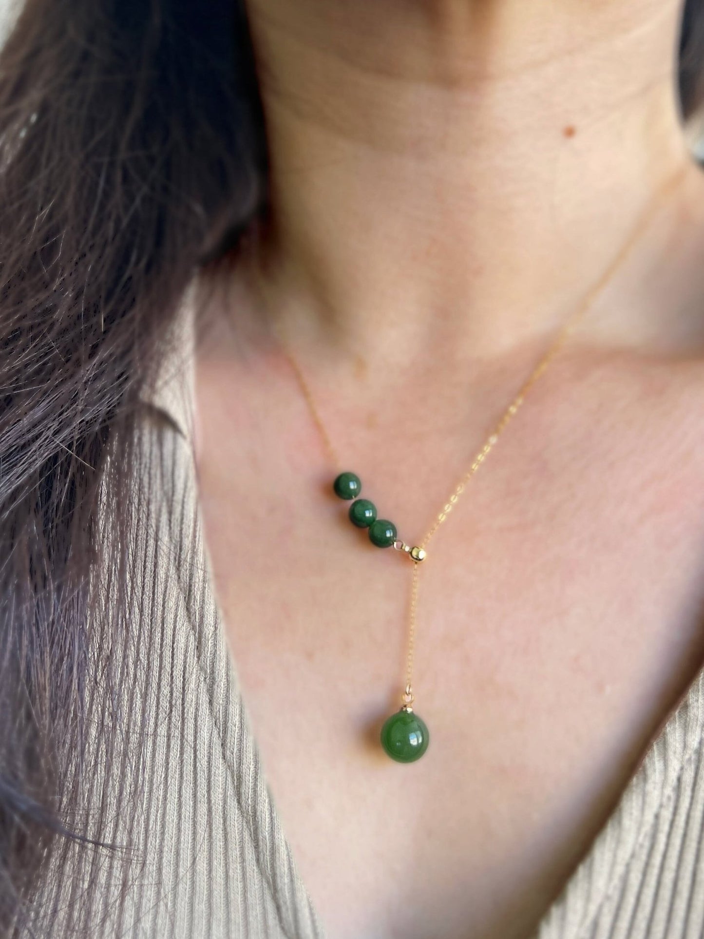Natural Hetian Jade Necklace, Jade Bead Necklace, Dainty Necklace, Nephrite Necklace, Green Beads Necklace, Lariat Necklace, Y Necklace