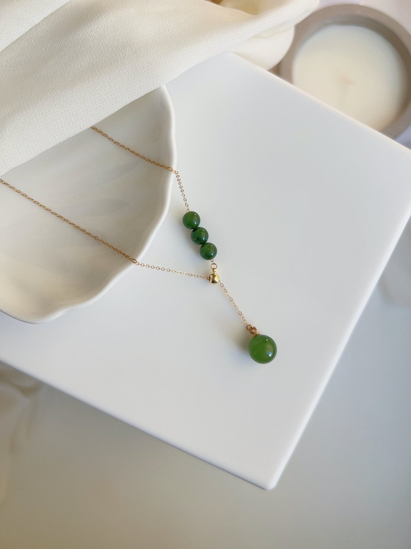 Natural Hetian Jade Necklace, Jade Bead Necklace, Dainty Necklace, Nephrite Necklace, Green Beads Necklace, Lariat Necklace, Y Necklace