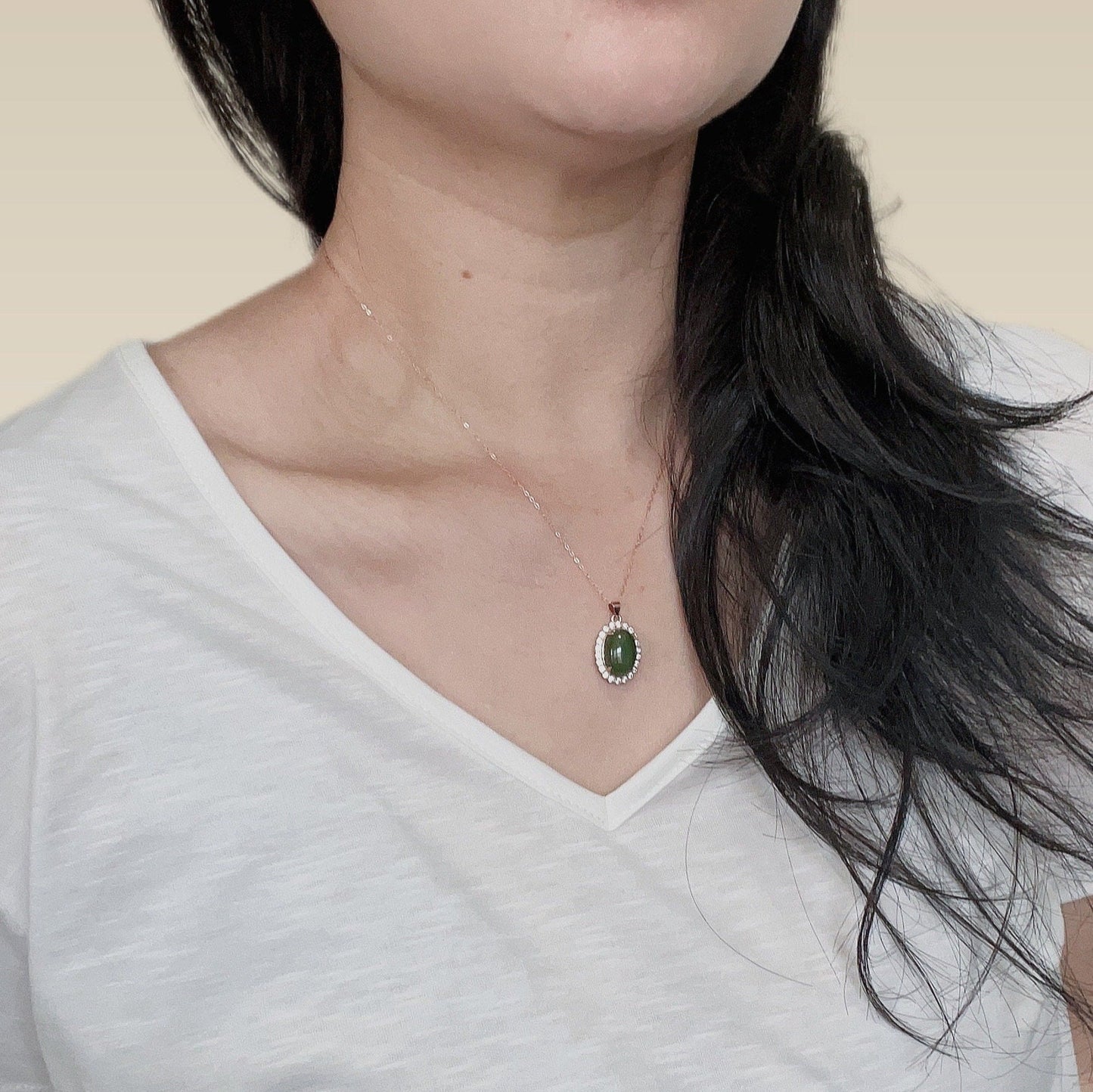 Natural Jade Necklace, Oval Jade Necklace, Hetian Jade Necklace, Green Jade Necklace, Dainty Jade Necklace, Diamond-bordered Jade, Good Luck