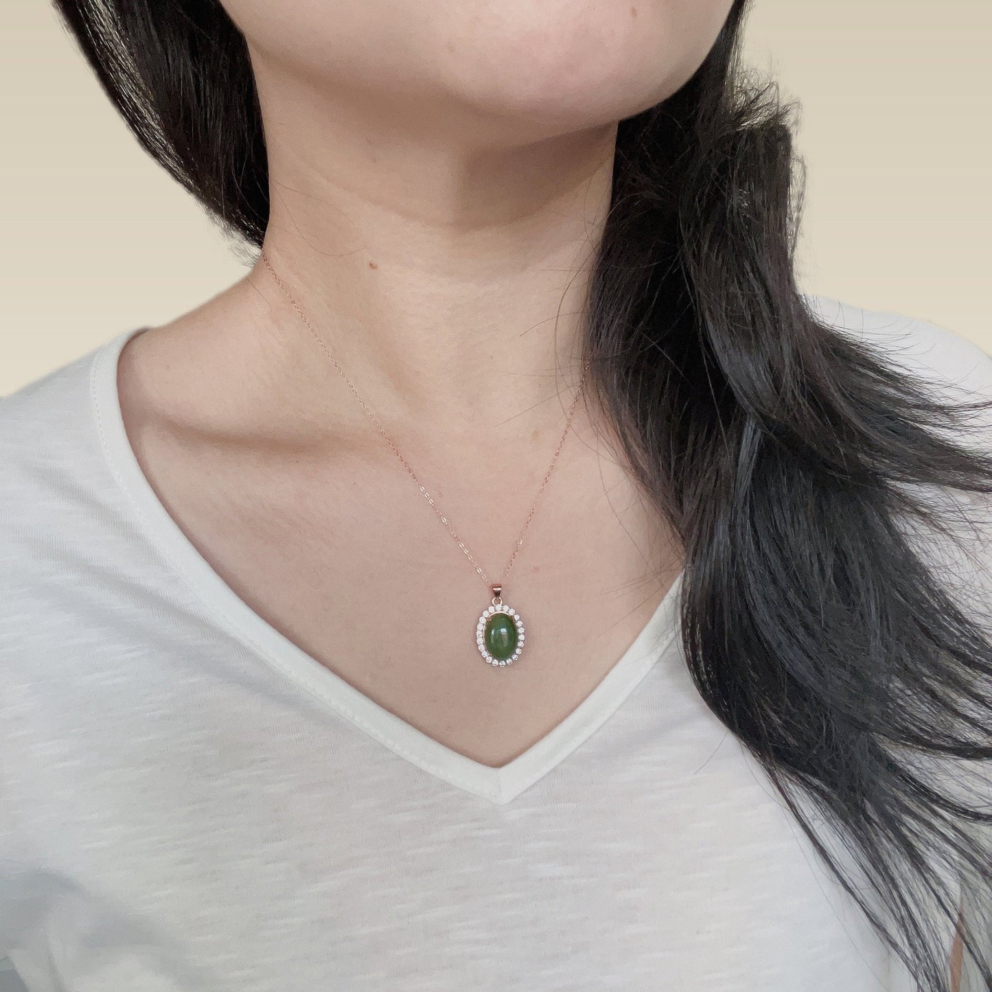 Natural Jade Necklace, Oval Jade Necklace, Hetian Jade Necklace, Green Jade Necklace, Dainty Jade Necklace, Diamond-bordered Jade, Good Luck