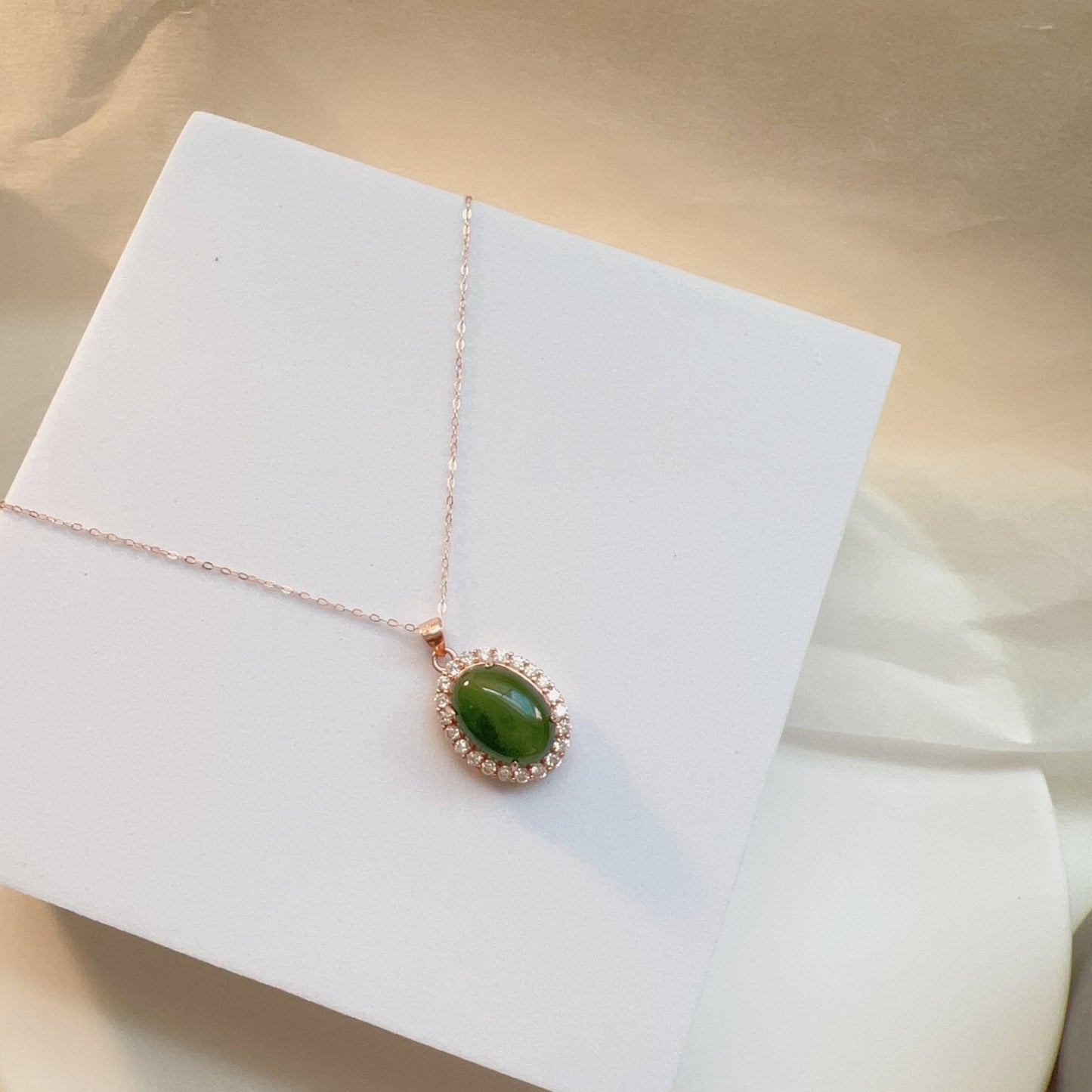 Natural Jade Necklace, Oval Jade Necklace, Hetian Jade Necklace, Green Jade Necklace, Dainty Jade Necklace, Diamond-bordered Jade, Good Luck