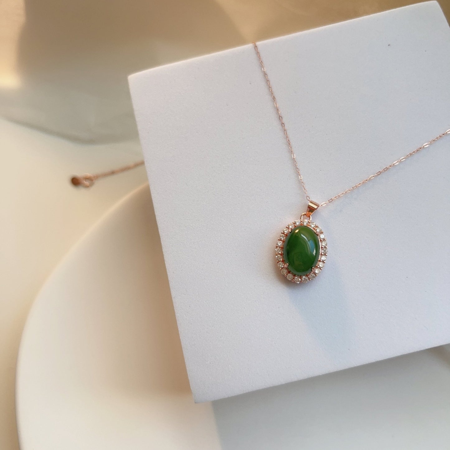 Natural Jade Necklace, Oval Jade Necklace, Hetian Jade Necklace, Green Jade Necklace, Dainty Jade Necklace, Diamond-bordered Jade, Good Luck