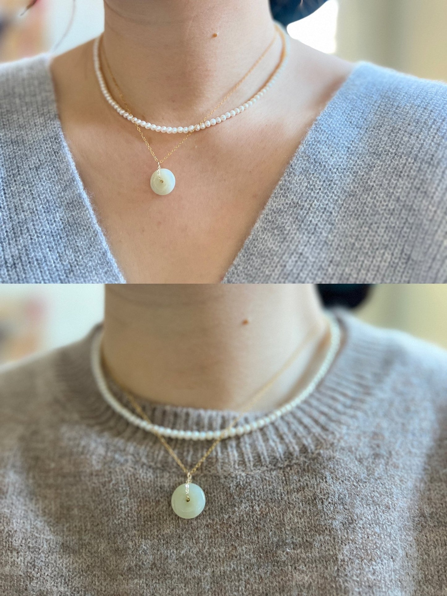 Natural jade Necklace, Hetian Pendant Necklace, Dainty Jade Necklace, White Green Jade Donut Necklace, Nephrite Pendant, Jade Gold jewelry