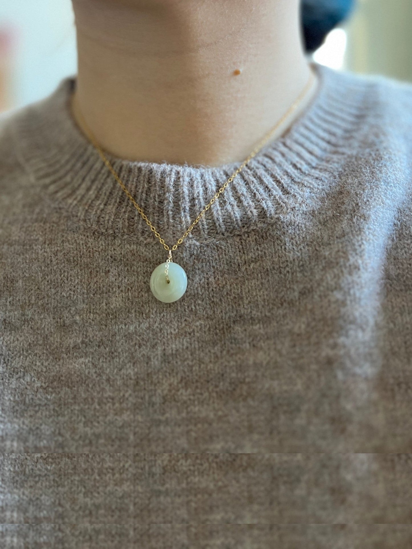 Natural jade Necklace, Hetian Pendant Necklace, Dainty Jade Necklace, White Green Jade Donut Necklace, Nephrite Pendant, Jade Gold jewelry