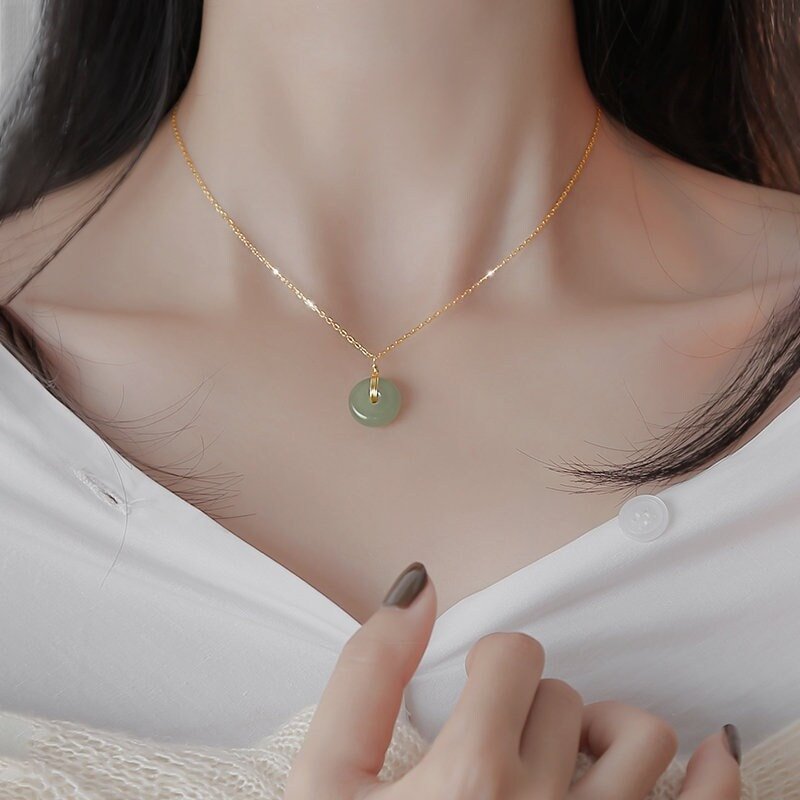 Natural jade Necklace, Hetian Pendant Necklace, Jade Gold jewelry, Dainty Jade Necklace, Jade Donut Necklace, Green Nephrite Pendant
