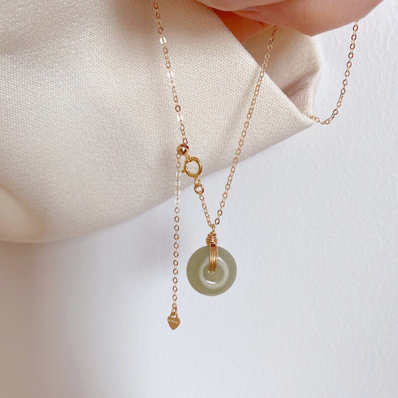 Natural jade Necklace, Hetian Pendant Necklace, Jade Gold jewelry, Dainty Jade Necklace, Jade Donut Necklace, Green Nephrite Pendant