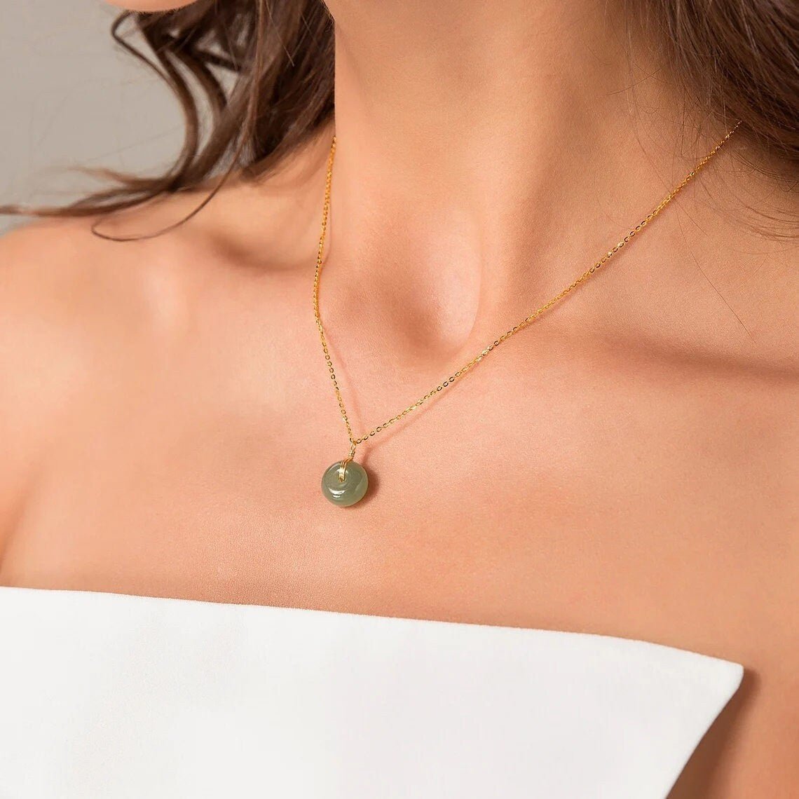 Natural jade Necklace, Hetian Pendant Necklace, Jade Gold jewelry, Dainty Jade Necklace, Jade Donut Necklace, Green Nephrite Pendant