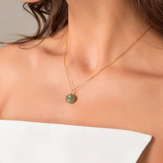 Natural jade Necklace, Hetian Pendant Necklace, Jade Gold jewelry, Dainty Jade Necklace, Jade Donut Necklace, Green Nephrite Pendant
