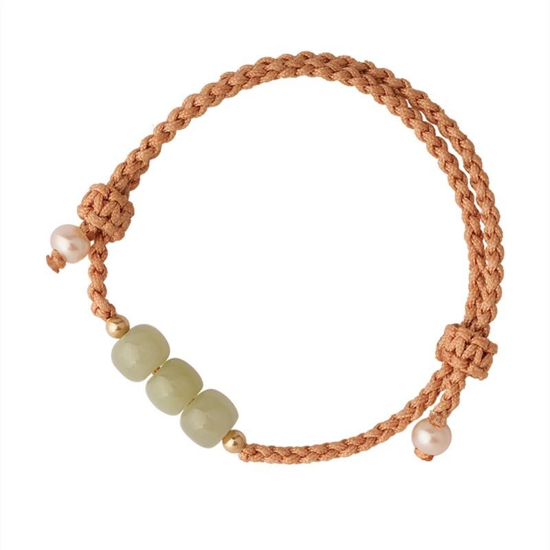 Simple Natural Hetian Jade Bracelets, Minimalist Bangle on a Adjustable Braided  Rope with Green Nephrite beads, girlfriend daughter gift