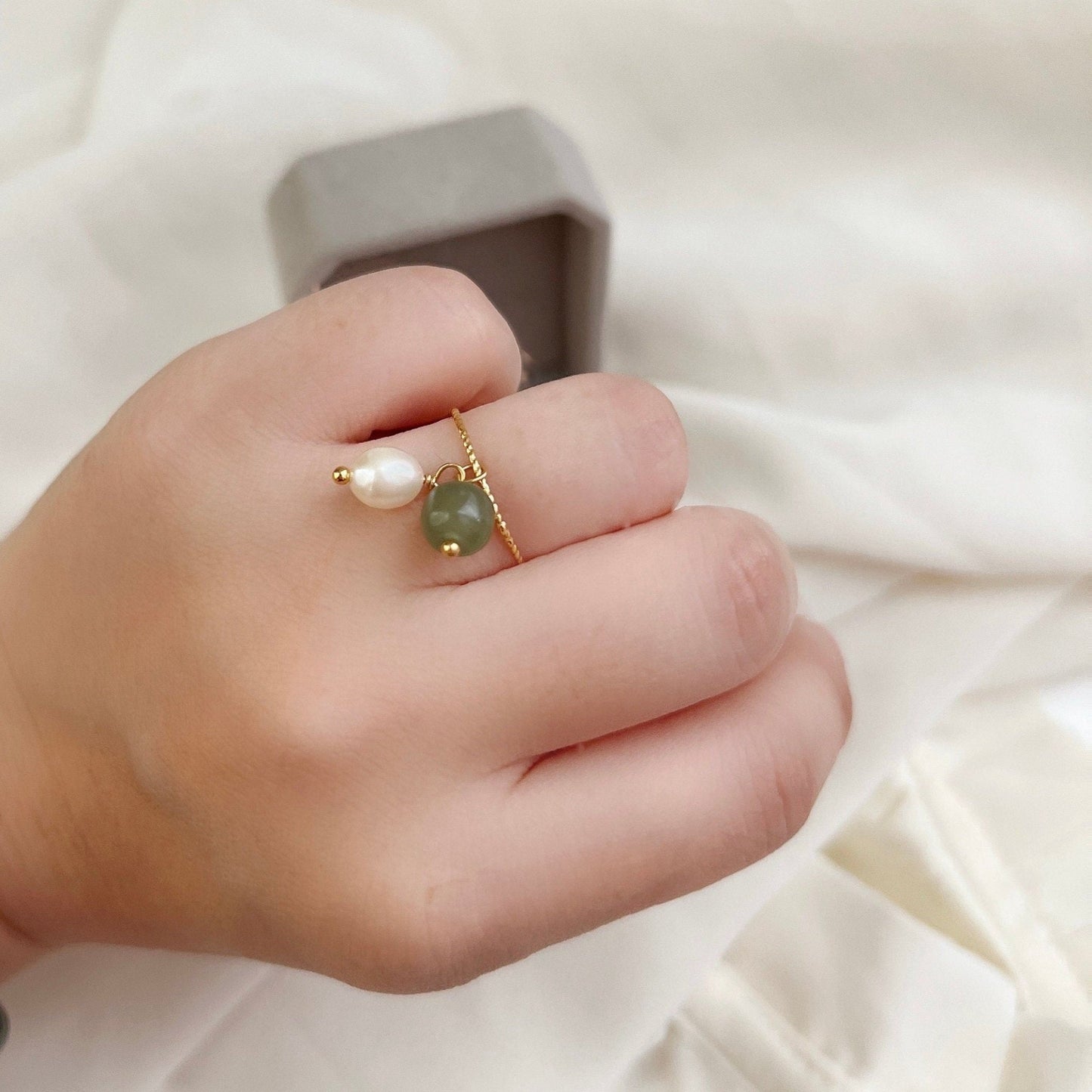 Green Jade Ring, Fresh Water Pearl Ring, Nephrite and Pearl Ring, Adjustable Ring, Pearl Tassel Ring, Gold Jade Ring, Jade and Pearl Ring