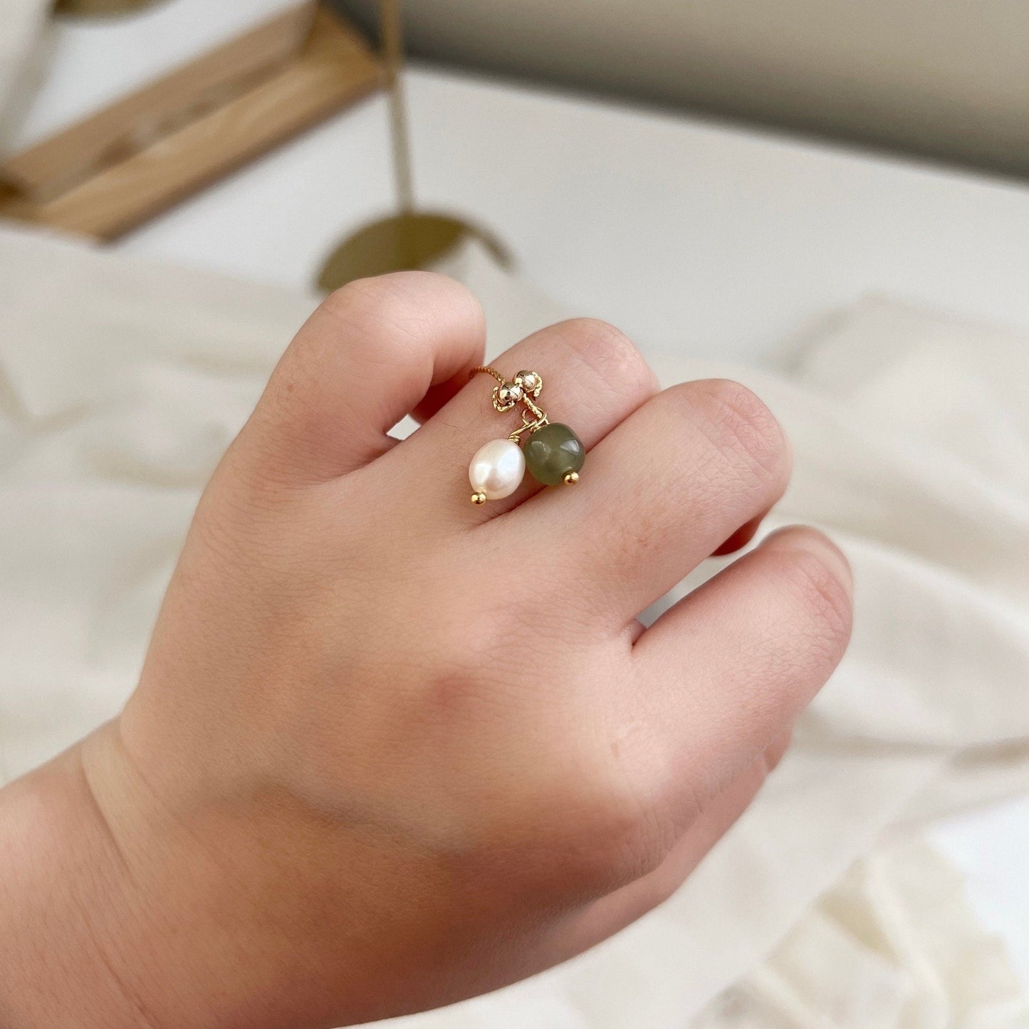 Green Jade Ring, Fresh Water Pearl Ring, Nephrite and Pearl Ring, Adjustable Ring, Pearl Tassel Ring, Gold Jade Ring, Jade and Pearl Ring
